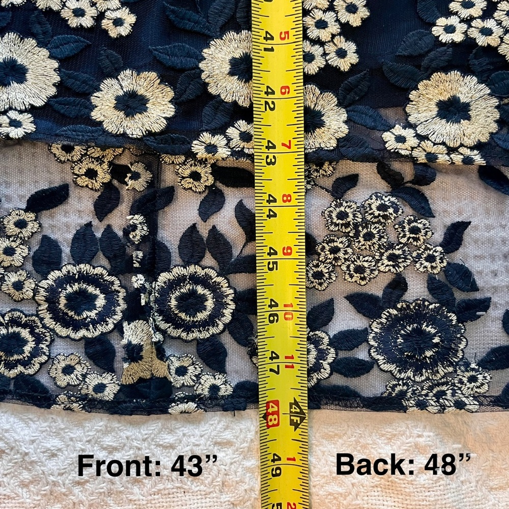 Tahari Elegant Sleeveless Dress with White Floral Embroidery over Deep Blue - Picture 13 of 14